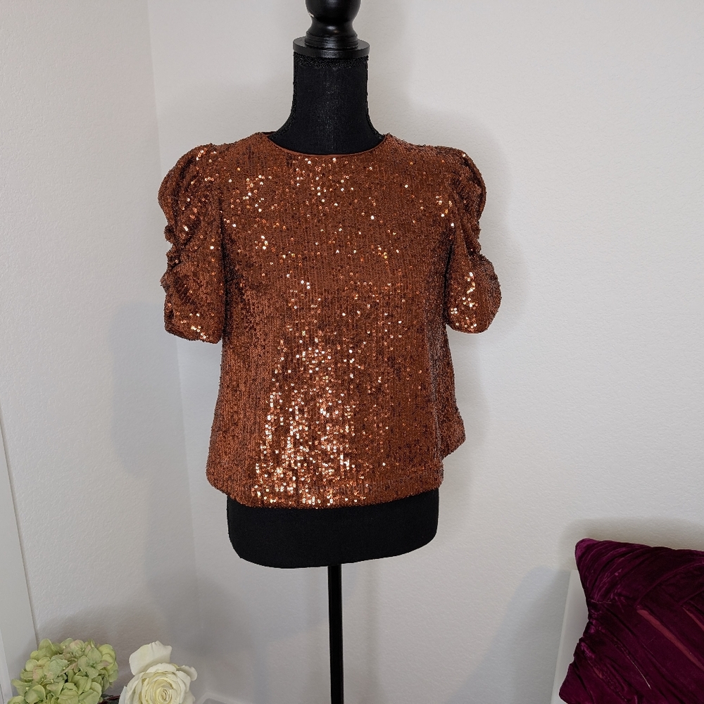 💘 NWT By Anthropologie Marie Sequined Blouse Copper Orange Sequin Puff Sleeve - Picture 6 of 10